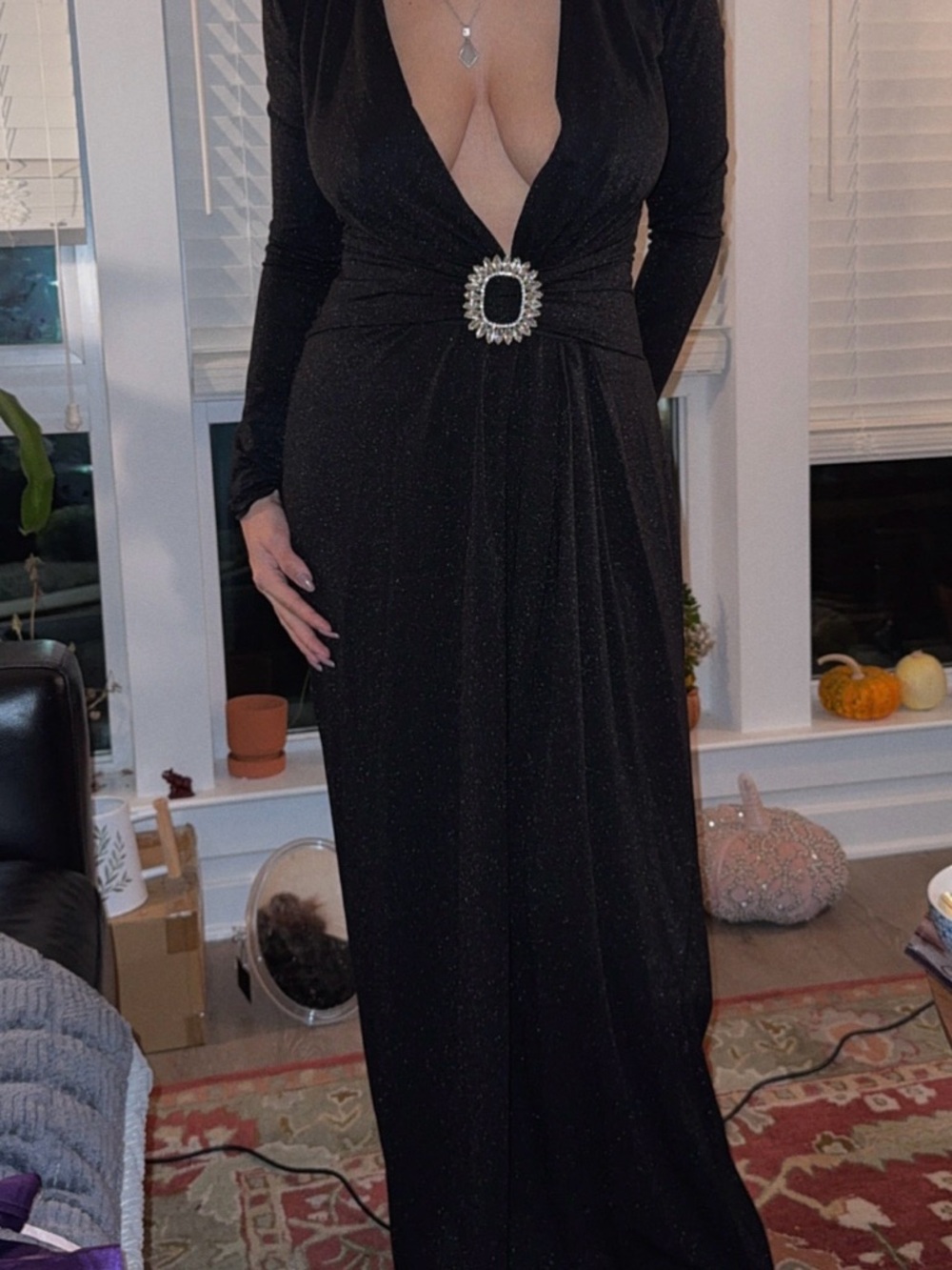 Chiara Boni Black Long-Sleeve Evening Gown with Rhinestone Buckle